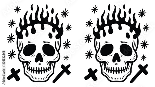 A hand drawn emo skull with a stitched mouth featuring bold lines and a dark aesthetic perfect for t shirts posters and graphic design projects