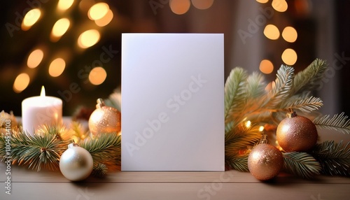 Greeting Card Mockup With Holiday Lights Blank White Christmas Card Standing On The Table