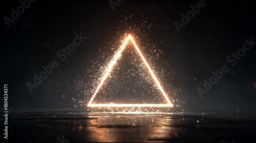 Glowing Neon Triangle with Sparks and Reflections on Dark Background.