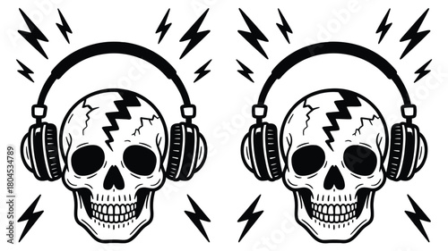 A cracked skull wearing broken headphones symbolizing the destructive nature of loud music or the loss of hearing presented as a graphic background element