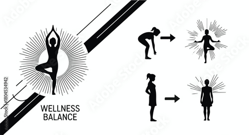 Silhouette of a person practicing yoga, symbolizing wellness and balance with radiating light effects