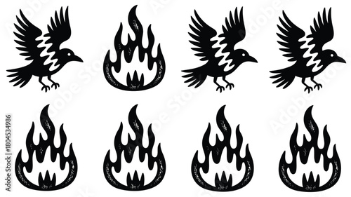 Dramatic vector illustration of a raven with a torn wing soaring through intense flames symbolizing power freedom and rebirth with a dark mythical aesthetic
