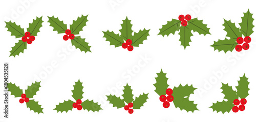 Set of Christmas holly leaf illustrations featuring green holly leaves and bright red berries. Simple flat vector design, festive holiday decoration elements perfect for Christmas cards, 