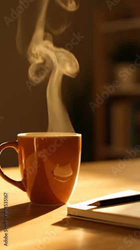 Steaming Coffee in Orange Mug Beside Notebook with Pencil on Desk at Golden Hour