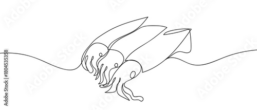 Three squids in one continuous line simple linear style. Editable stroke.