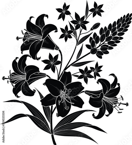 Black and white floral design with lilies and other flower blossoms eps silhouette