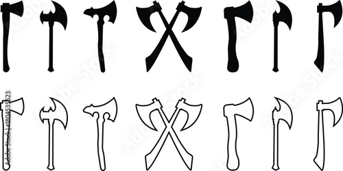 Axe Icon Set, Collection and Group of Battle Axe, Hatchet, and War Tool Symbols, Black Flat and Line Vector Medieval Weapon, Lumberjack Tool, and Combat Armory Design for Graphic Use