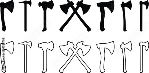 Axe Icon Set, Collection and Group of Battle Axe, Hatchet, and War Tool Symbols, Black Flat and Line Vector Medieval Weapon, Lumberjack Tool, and Combat Armory Design for Graphic Use