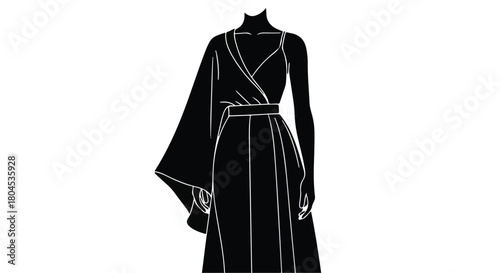 Elegant black dress with flowing sleeve, showcasing sophisticated fashion design