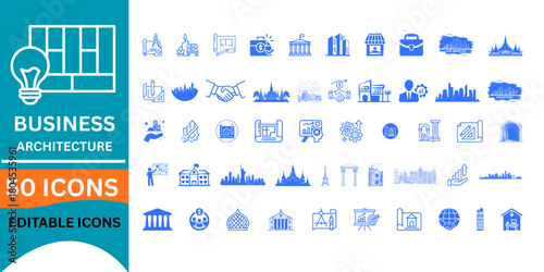 Versatile set of 50 business and architecture icons perfect for modern design projects, offering a clean, professional, and contemporary aesthetic for any project