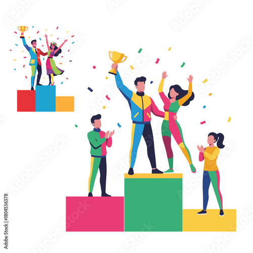 Triumphant athletes celebrating championship victory on podium with trophy, joyful team cheering in vibrant colors, symbolizing peak performance and achievement