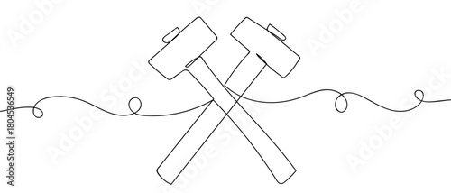 Two hammers crossed in a continuous line. simple linear style. Editable stroke.