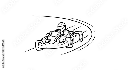 Go-kart racer in helmet driving fast around a curve, leaving motion blur lines.
