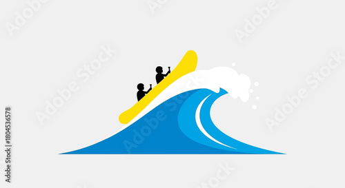 Silhouette of two people rafting on a yellow raft riding a blue wave with white foam.