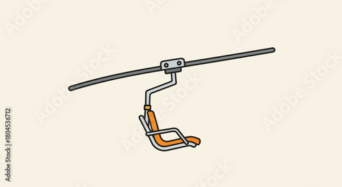 Illustration of a single orange chairlift seat hanging from a cable, against a light beige background.