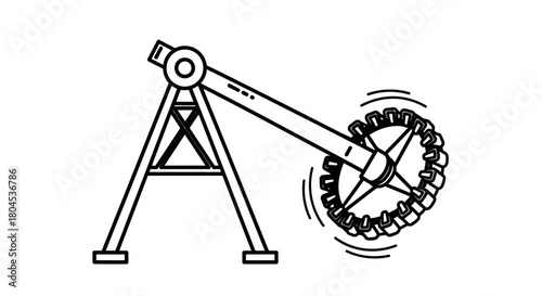 Line drawing of a carnival ride with a central rotating cogwheel and a supporting A-frame structure.