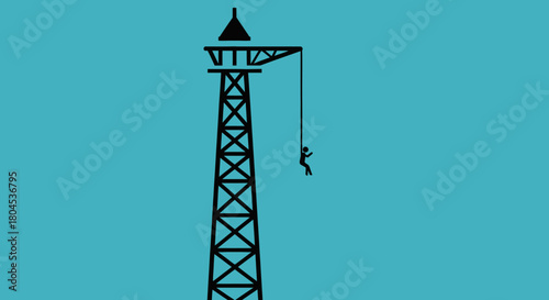 Silhouette of a tall tower with a person bungee jumping from the top.