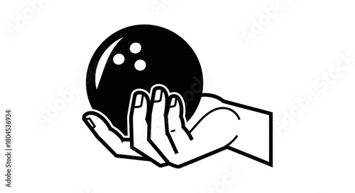 A hand holds a bowling ball, ready to release it for a strike. Simple black and white illustration.