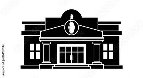 A stylized black and white illustration of a bowling alley building.