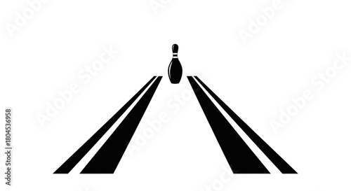 Minimalist graphic of a bowling pin centered between two lane markers, leading to the pin.