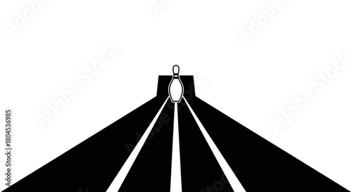 Simplified black and white illustration of a bowling pin with lane markings converging towards it.