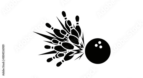 A bowling ball strikes a cluster of pins, creating an explosion of motion.