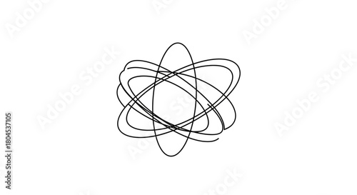 A simple line drawing depicts an atom's orbital structure, showcasing its core and electron paths.
