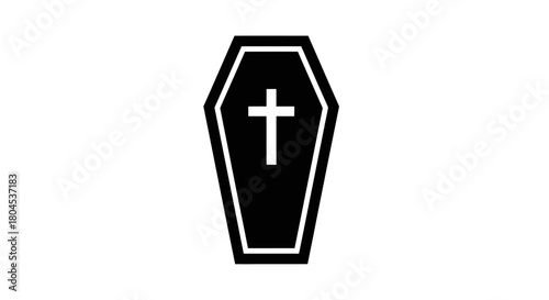 A black coffin icon with a white cross on a white background.