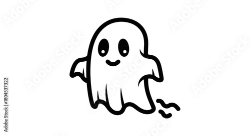 Cartoon ghost with a happy face and wavy trail, isolated on a white background.