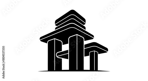 Abstract black and white illustration of a stylized architectural structure with geometric shapes.