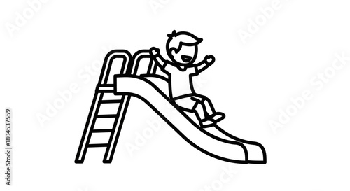 Line art of a boy joyfully sliding down a playground slide with arms raised.