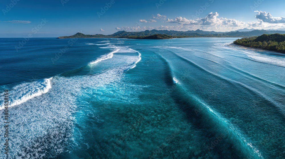 Fototapeta premium Wide Aerial View of Deep Blue Waters, Coastline and Distant Reef Formations
