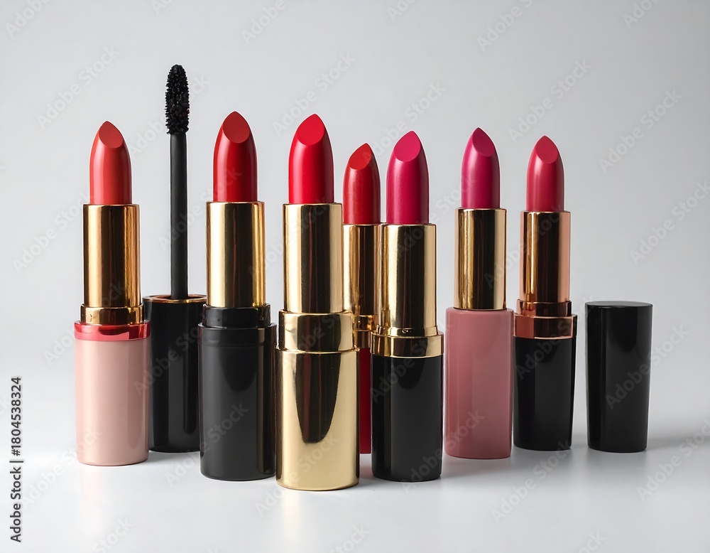 Obraz premium Close-up studio shot of assorted lipsticks and mascara, in a range of red and pink shades, against a plain white background