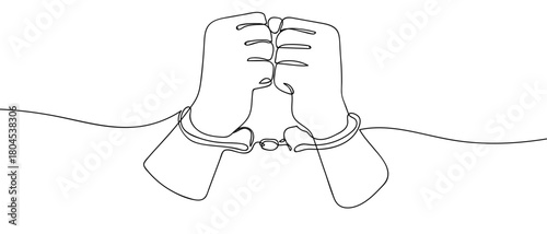 Handcuffed hands in one continuous line simple linear style. Editable stroke.
