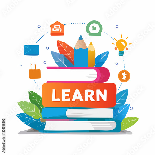 The word �learn� is incorporated into a stack of books with educational icons and bright colors.