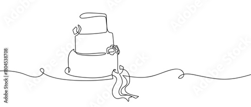 Three-tiered wedding cake decorated with flowers and bows in one continuous line. simple linear style. Editable stroke.