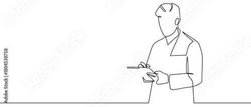 The doctor is writing a medical document in one continuous line. simple linear style. Editable stroke.
