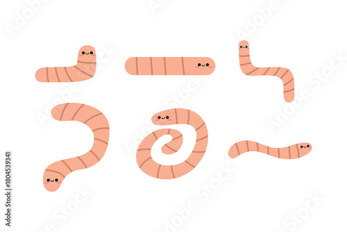 Cute Earthworm Vector Illustration Element Set. Funny Wiggling Worm Character Collection for Fishing, Garden, and Compost Theme