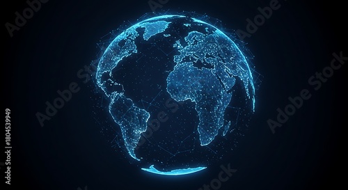 A glowing blue digital representation of planet earth, with interconnected points of light illustrating global networks and data connections