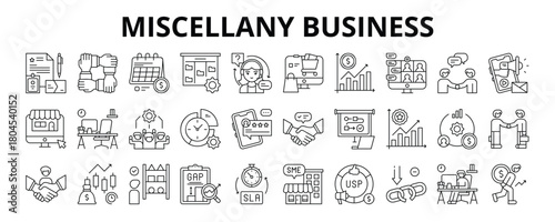 30 Miscellany Business Line Icons - Team Collaboration, Online Store, Intermediary, SLA, SME, Weakness, Struggle