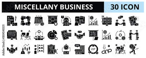 30 Miscellany Business Glyph Solid Icons - Team Collaboration, Online Store, Intermediary, SLA, SME, Weakness, Struggle