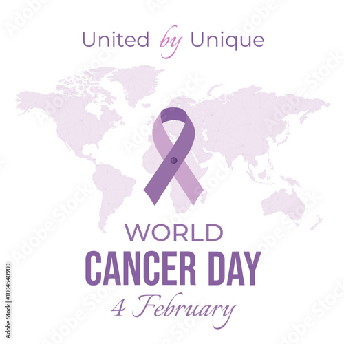 Vector illustration of a purple cancer awareness ribbon over a world map in soft violet tones, symbolizing global support, hope and solidarity for prevention, diagnosis and oncology awareness.
