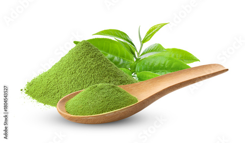 matcha green tea powder in wood spoon on transparent png