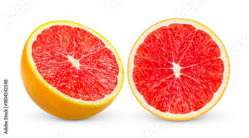 Ripe slice of pink grapefruit citrus fruit isolated on transparent png ( image from camera )