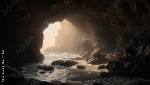 Dark cave opening to a sunlit ocean cove