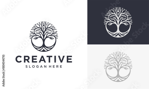 Tree of Life Family vector logo design, branches, Leaves Roots Oak Banyan Tree