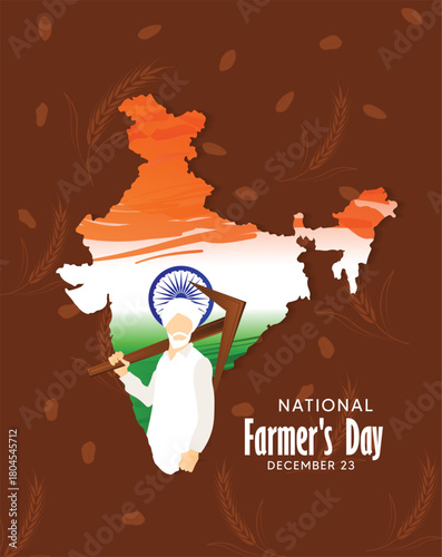 Indian farmer with plough flag map vector poster for National Farmers Day 23 December