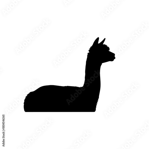 A simple black silhouette of a sitting alpaca or llama isolated on a white background.