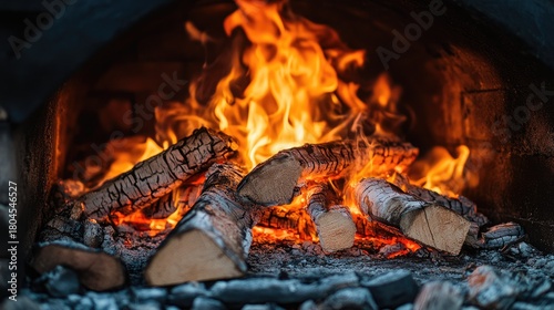 Warm and Inviting Wood Fire Burning in a Rustic Fireplace with Flickering Flames and Charred Logs Creating a Cozy Atmosphere for Winter Evenings