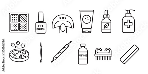 Gel Polish and Manicure Tools Line Icon Set